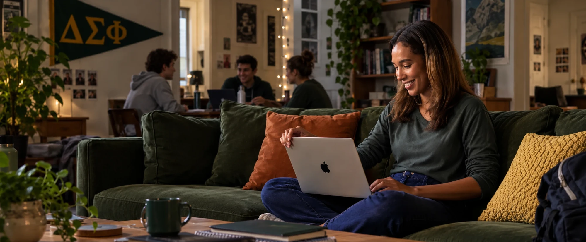 A student smiling at her laptop on a sofa, friends talking in the background